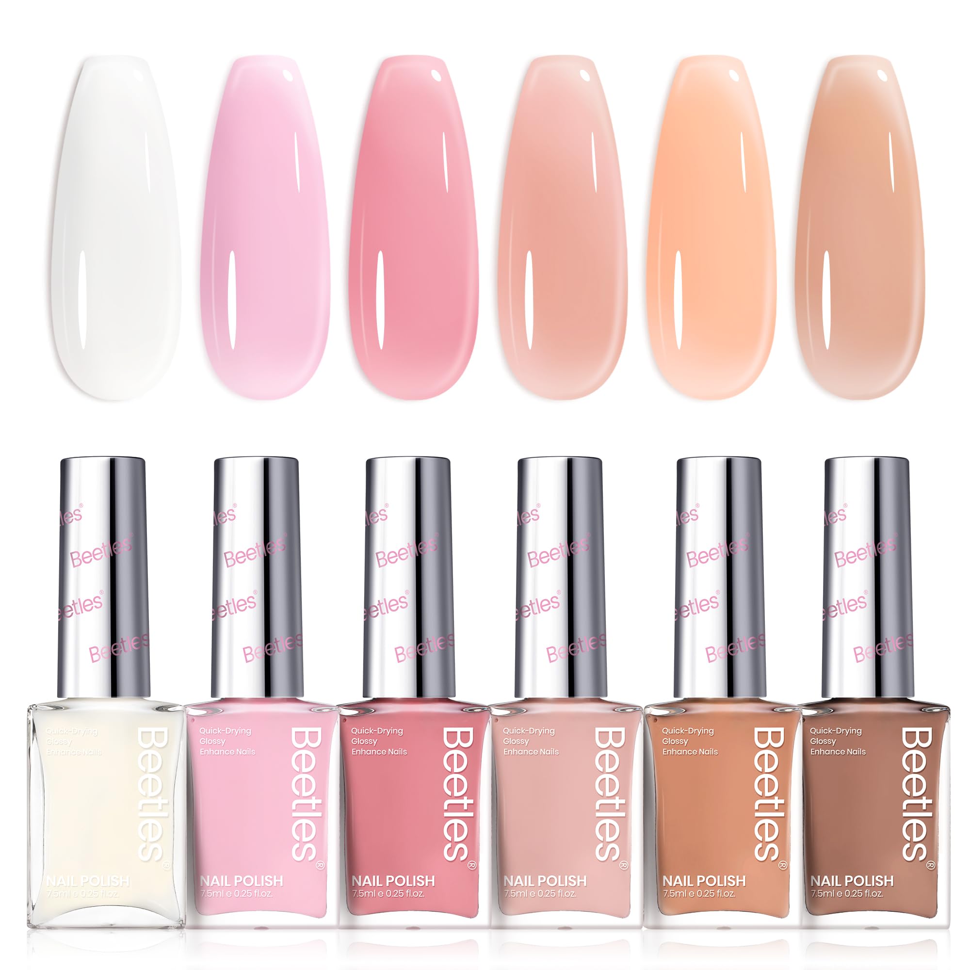 Beetles Jelly Nail Polish Set showcases six pink nude shades for versatile day-to-night nails with easy wear.