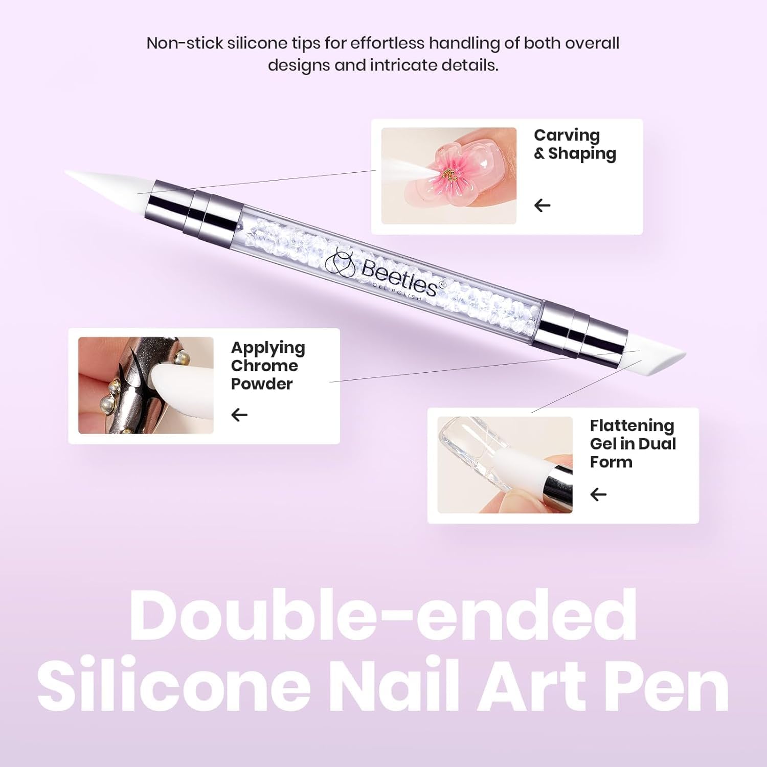 Beetles long-lasting 3D nail sculptures image suggesting 21+ days wear