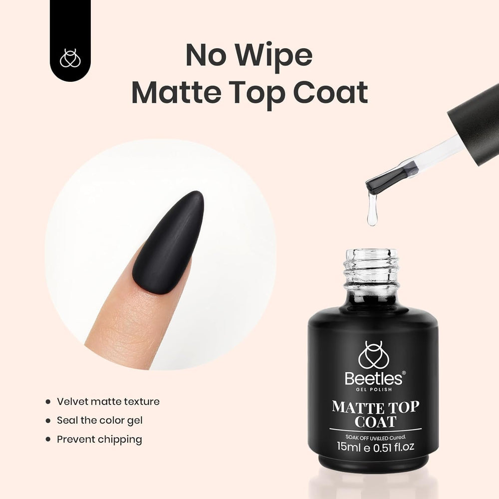 Beetles matte gel top coat 15ml showing velvety matte shield and shine control