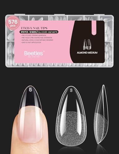 Beetles medium almond nail tips package with 12 sizes for easy fitting.