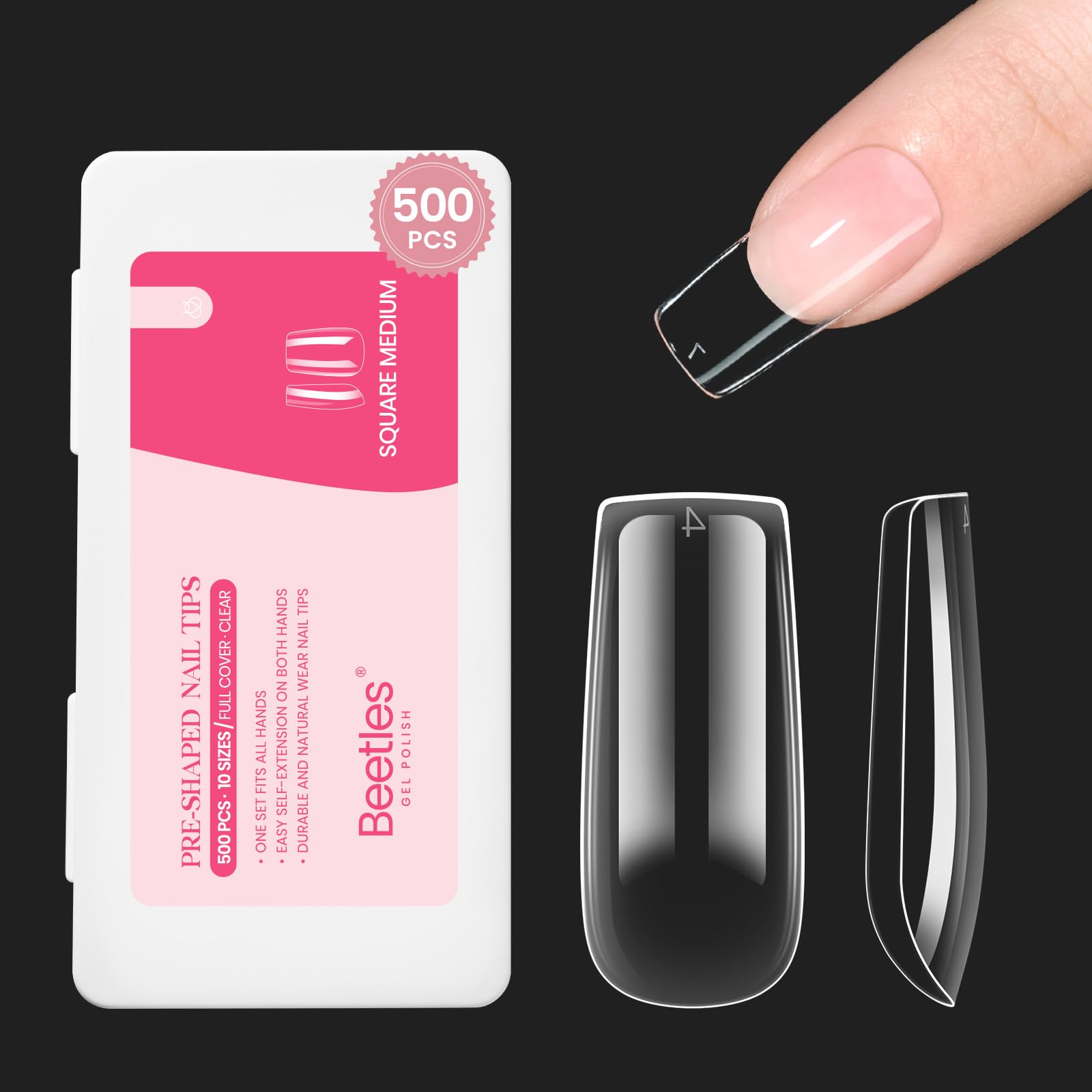 Beetles Medium Square Nail Tips 500pcs packaging, premium quality for gel art.