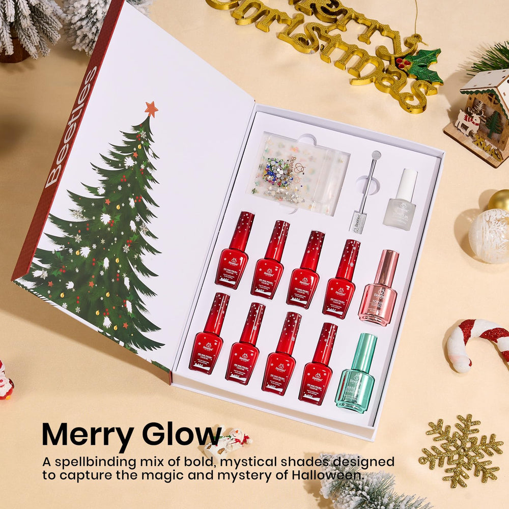 Beetles Merry Glow color swatches reveal eight holiday shades for inspiration.