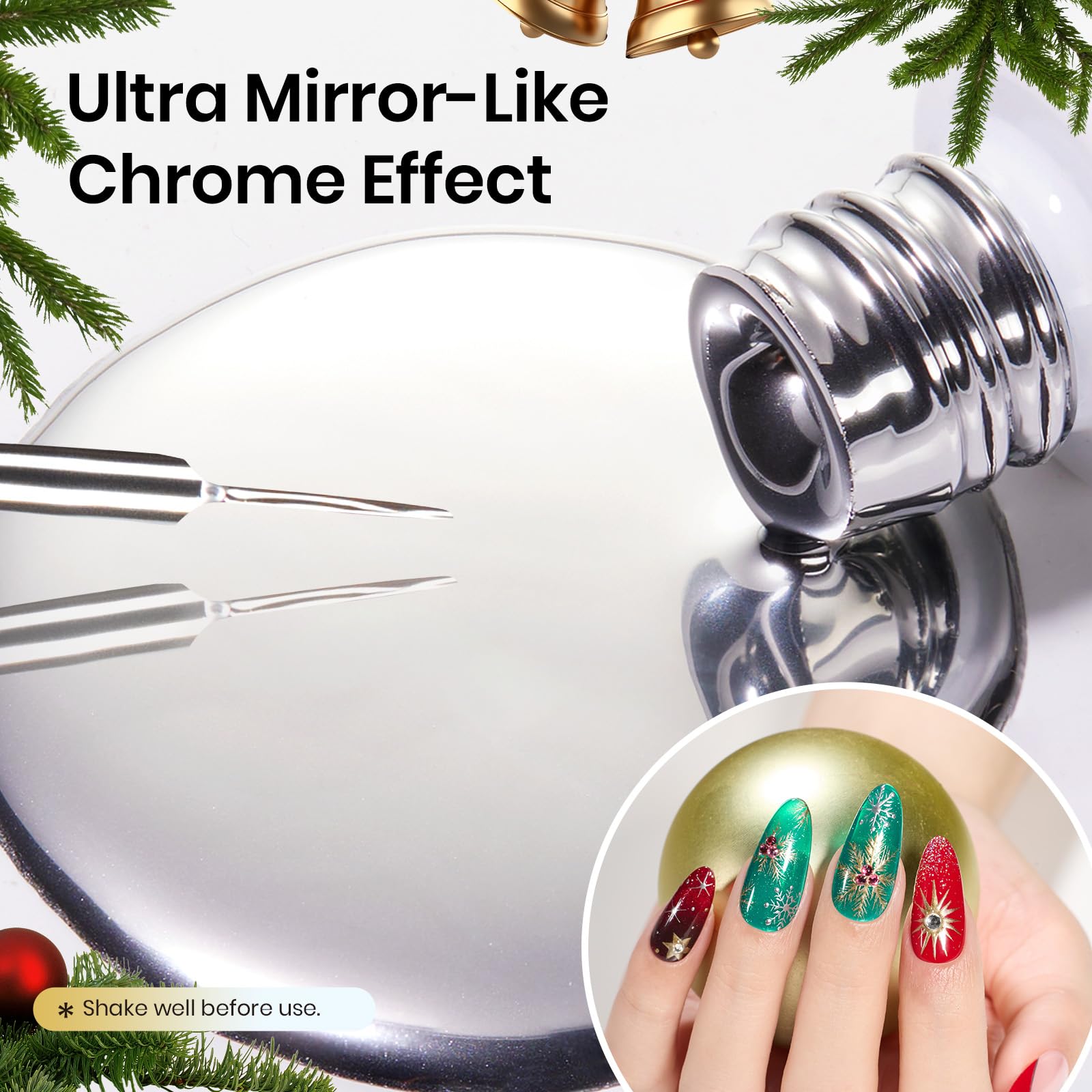 Beetles Gel Polish chrome liner on nails highlights reflective surface and quick-dry application.