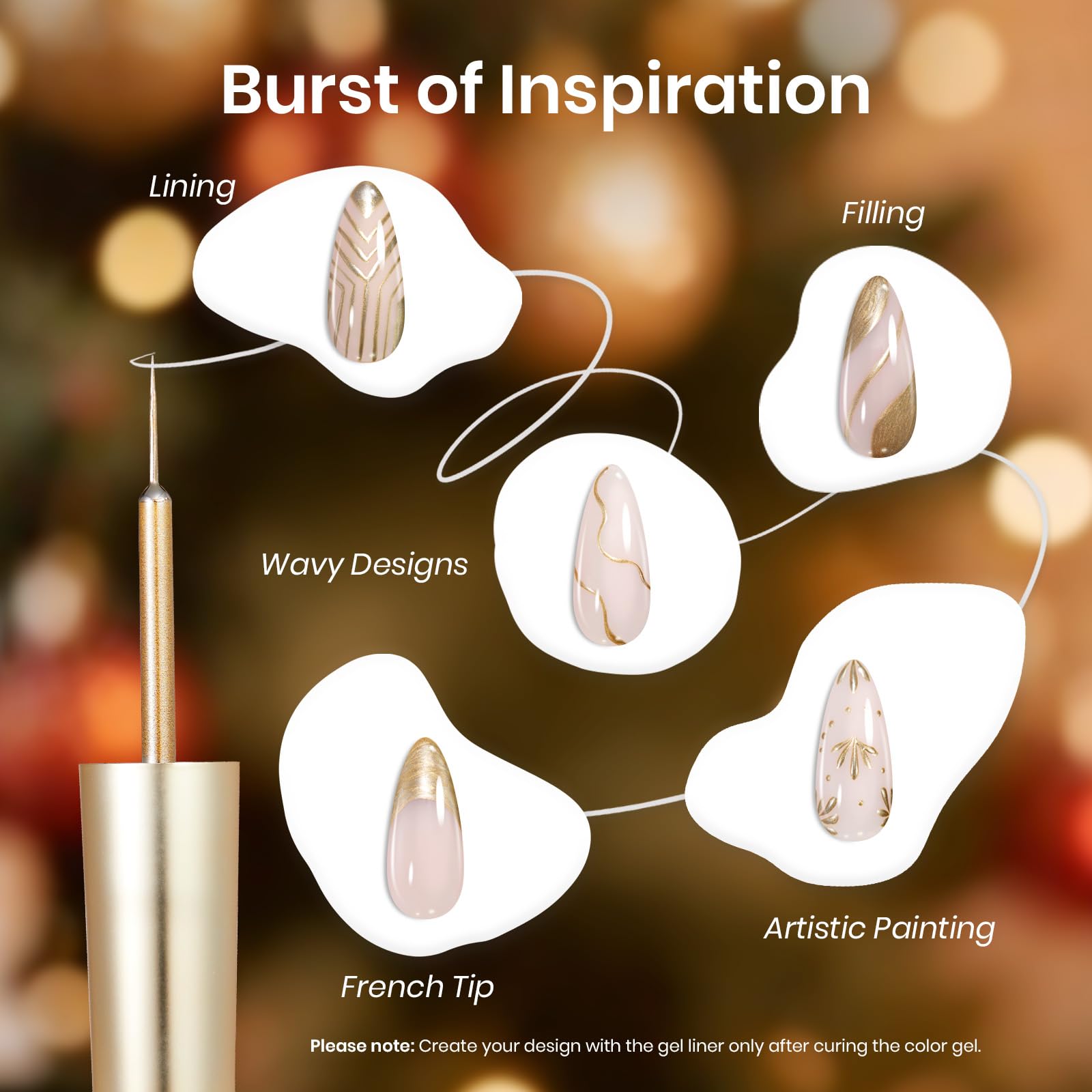 Beetles Metallic Gel Liner holiday design on nails with festive chrome options.