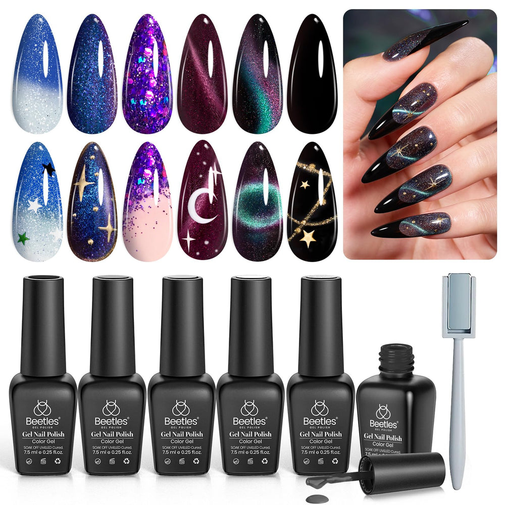 Beetles Milky Way collection bottles display six glitter shades for a galactic mani.