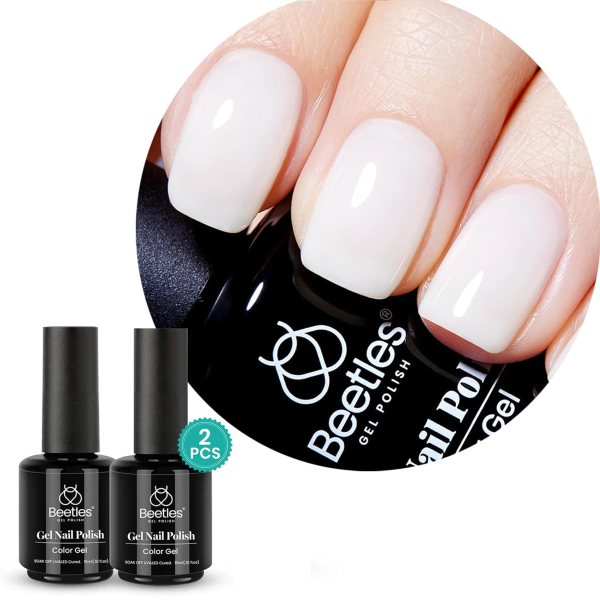 Beetles Milky White jelly gel polish close-up shows translucent natural-looking nails.