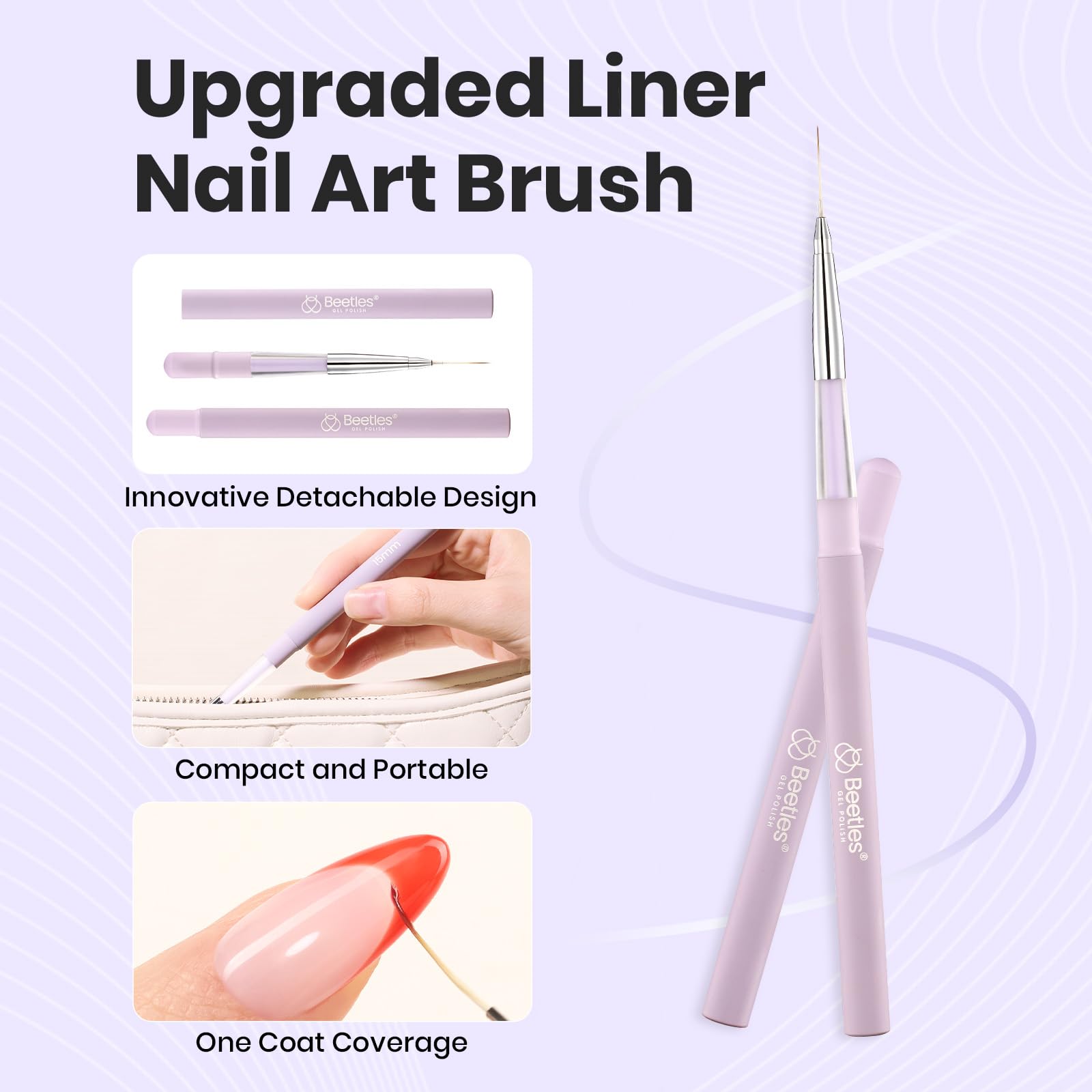 Beetles Gel Polish liner brush with detachable cap keeps bristles clean and portable.