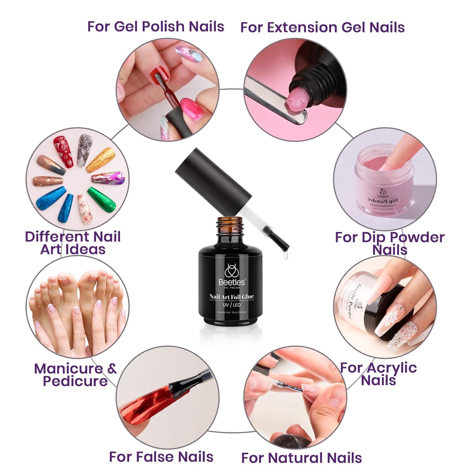 Beetles Nail Art Foil Glue Gel pack 2 bottles; high-capacity for many manicures.
