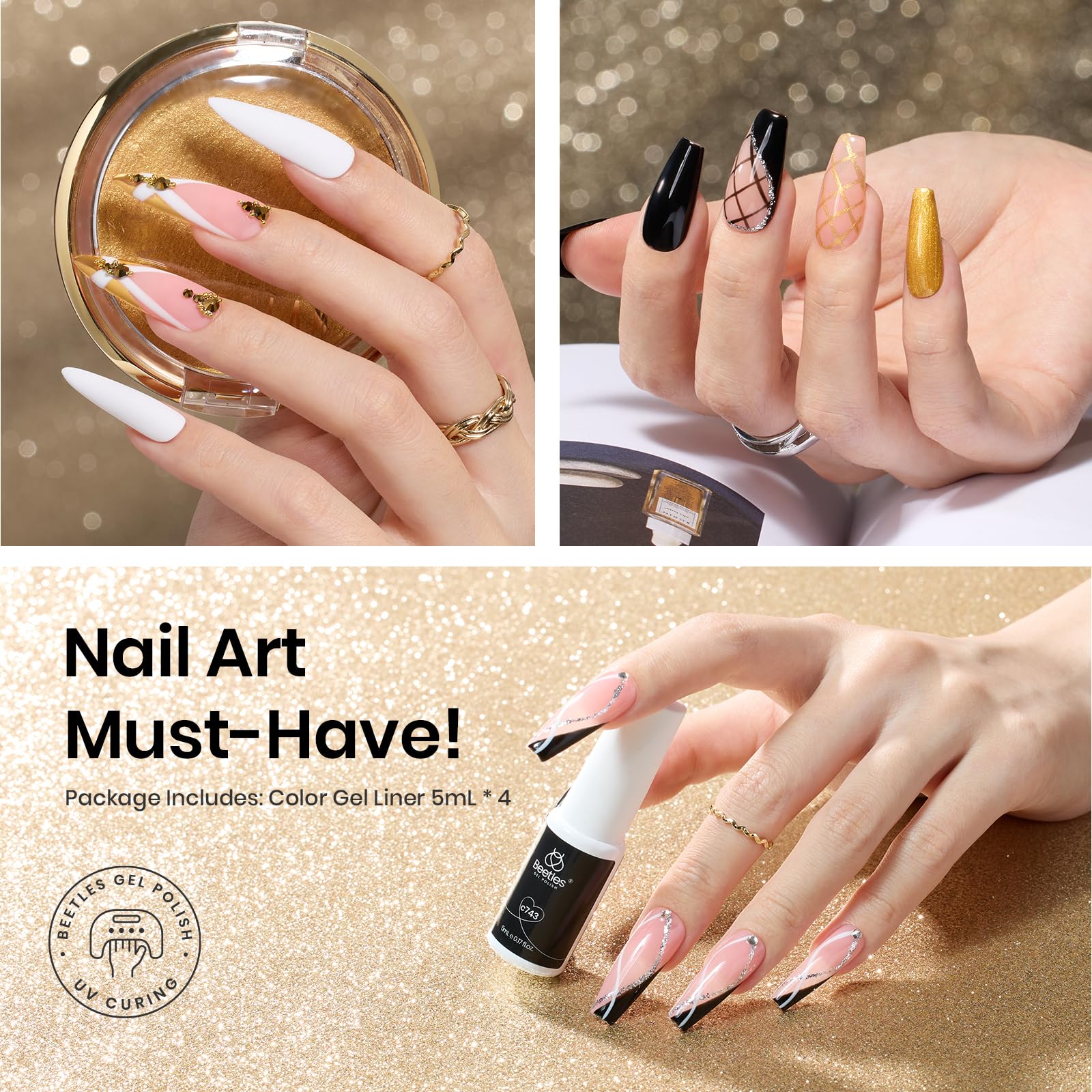 Beetles Nail Art Liner Gel Set black coating shown for dramatic outlines.