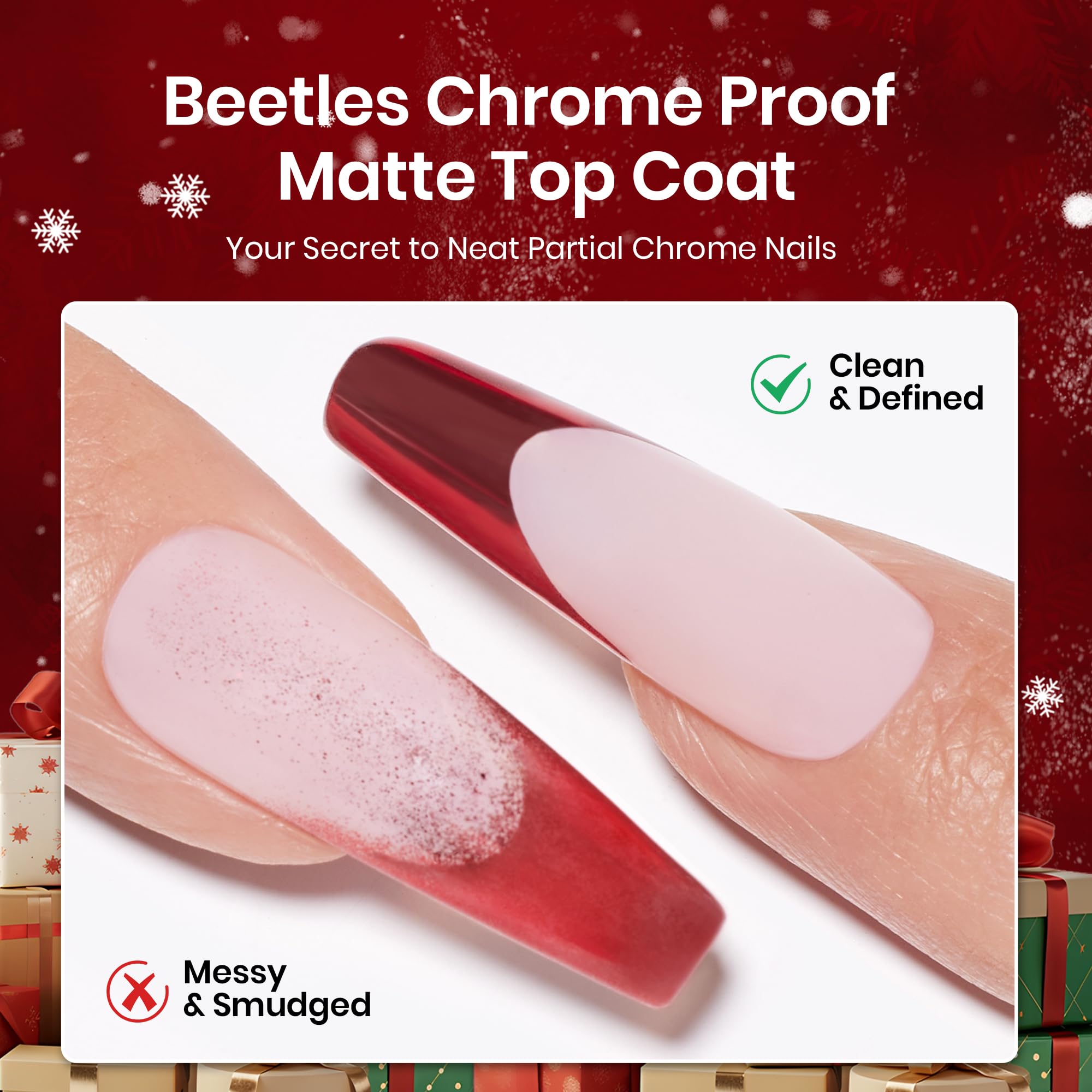 Beetles nail art with chrome top coat showcases vivid reflections and depth
