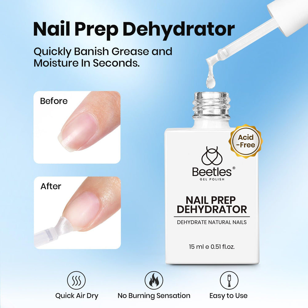 Beetles nail dehydrator prep close-up, surface cleaning for stronger adhesion.