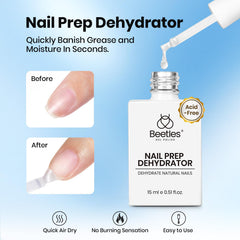 Beetles nail dehydrator prep close-up, surface cleaning for stronger adhesion.