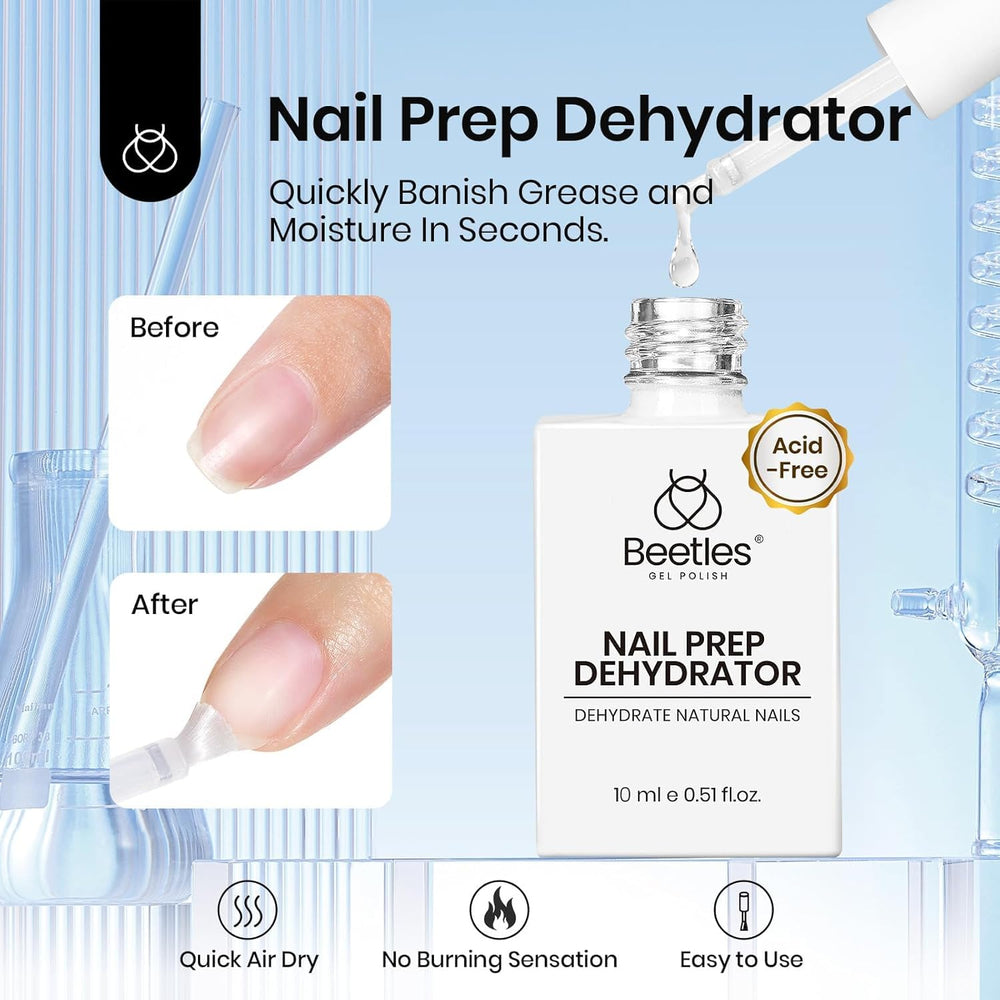 Beetles Nail Dehydrator Primer Application scene demonstrates oil and moisture removal.