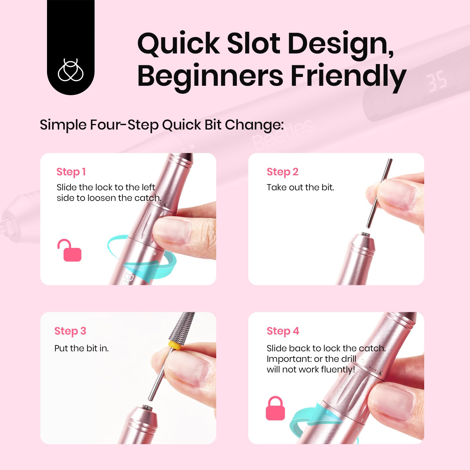 Beetles nail drill with cylinder cuticle bit for precise cuticle work.