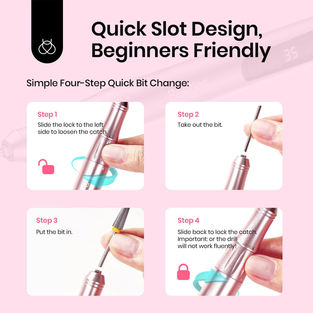 Beetles nail drill with cylinder cuticle bit for precise cuticle work.