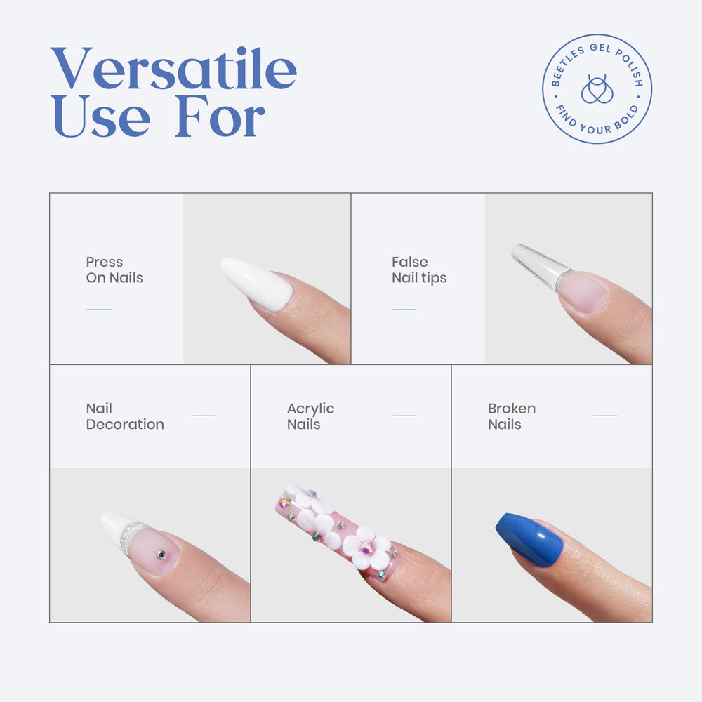 Beetles Gel Polish durable, long-lasting hold for press-on and nail tip applications.