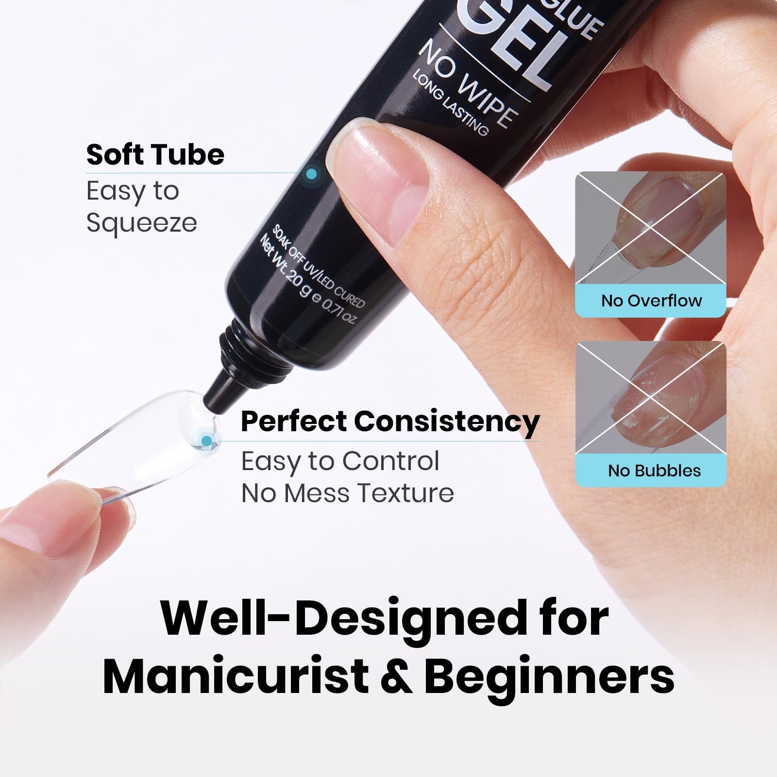 Beetles Nail Glue Gel multi-use design supports 3D sculpting and chrome base use.