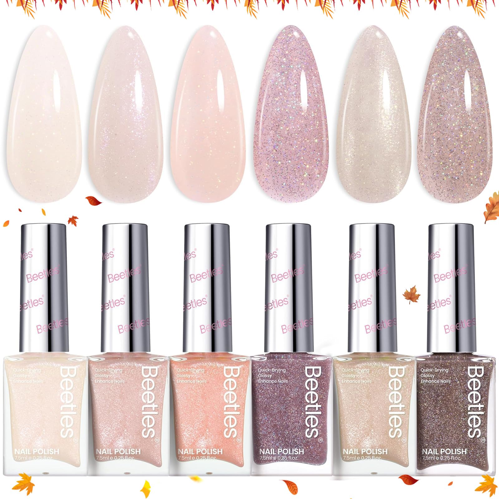Beetles Gel Polish set swatches of 6 nude colors for versatile at-home manicures.