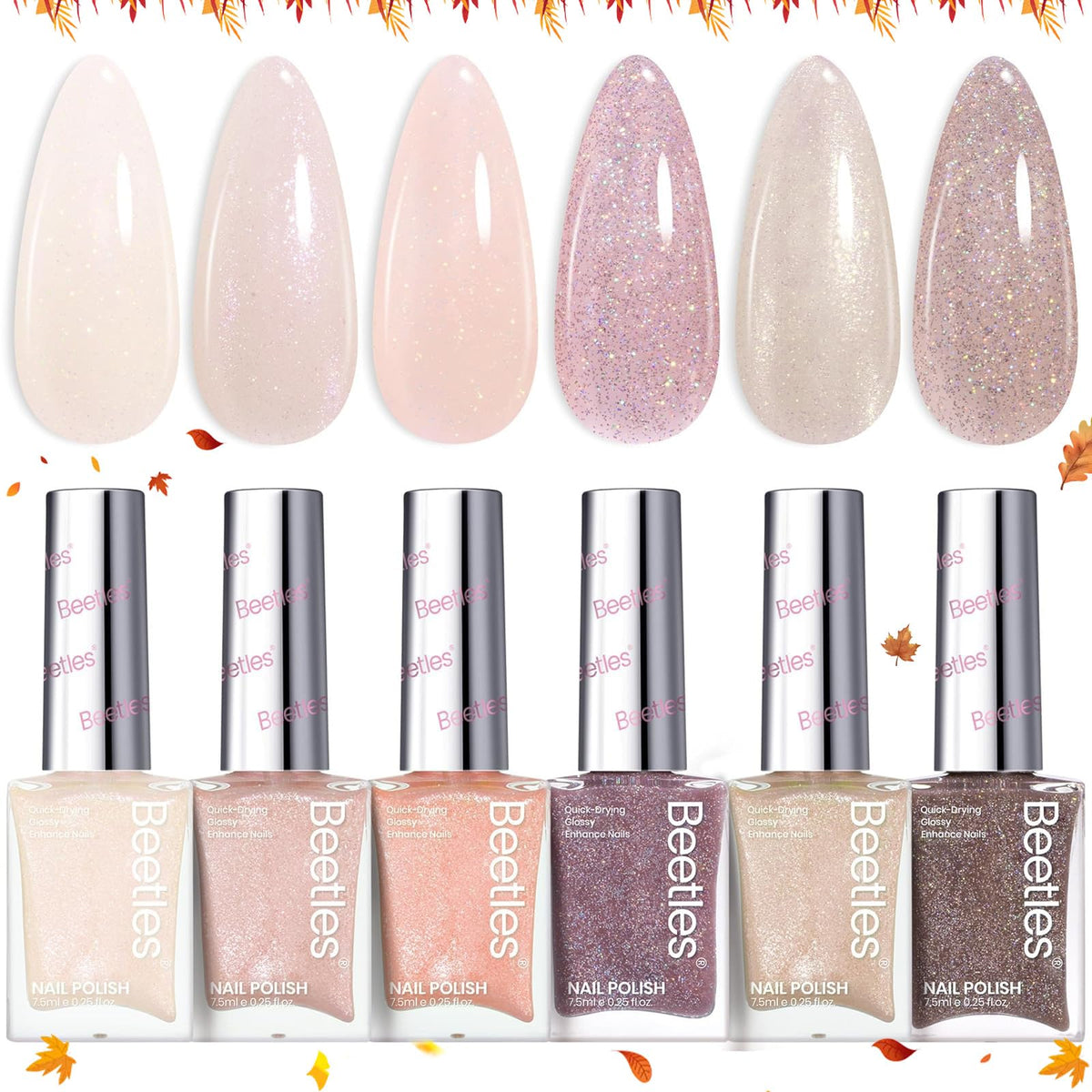Beetles Gel Polish set swatches of 6 nude colors for versatile at-home manicures.