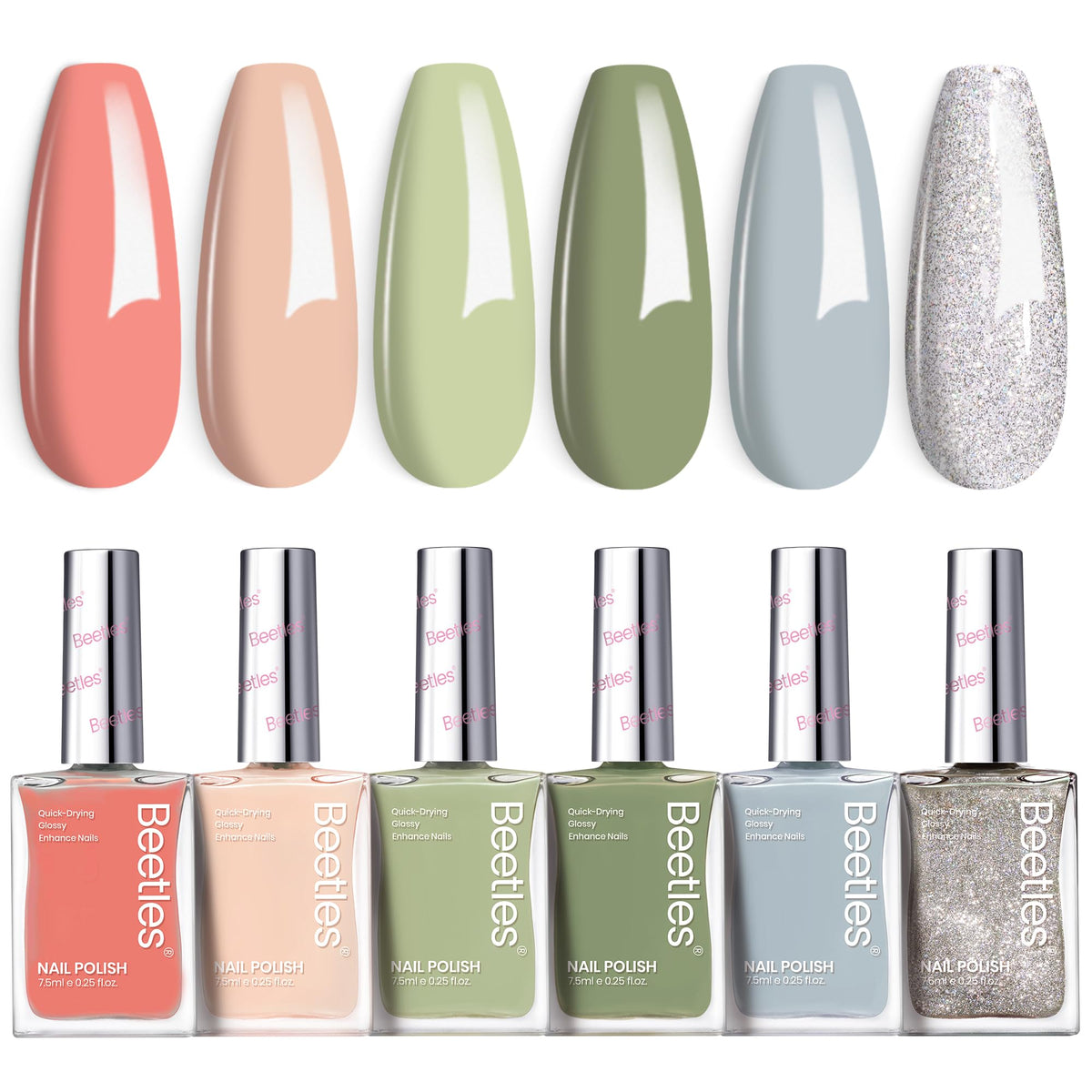 Beetles Nail Polish Set P176 six-color glitter bottle display with glossy finish for long-lasting nails