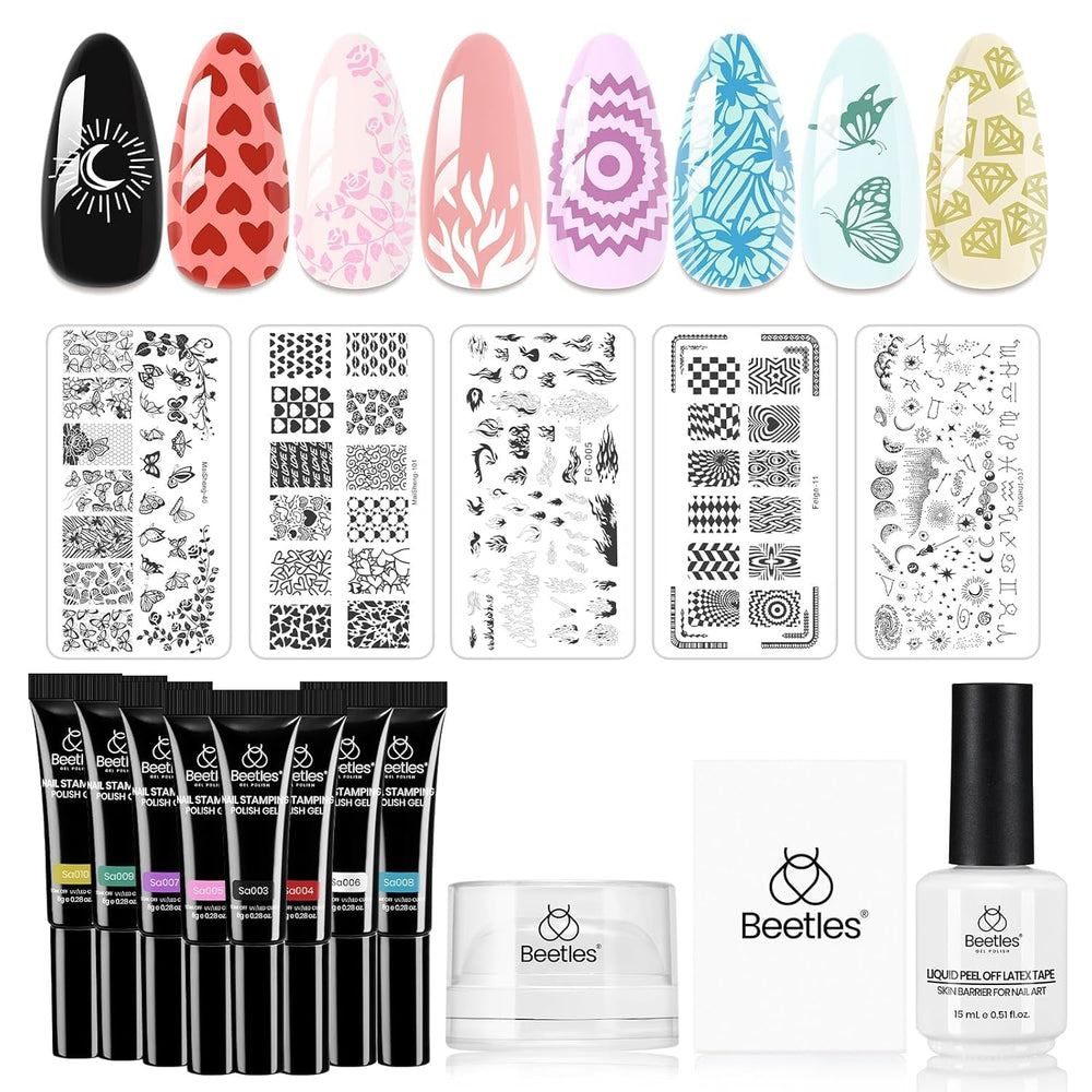 Beetles Nail Stamp Gel kit packaging displays components for easy DIY nail art planning.