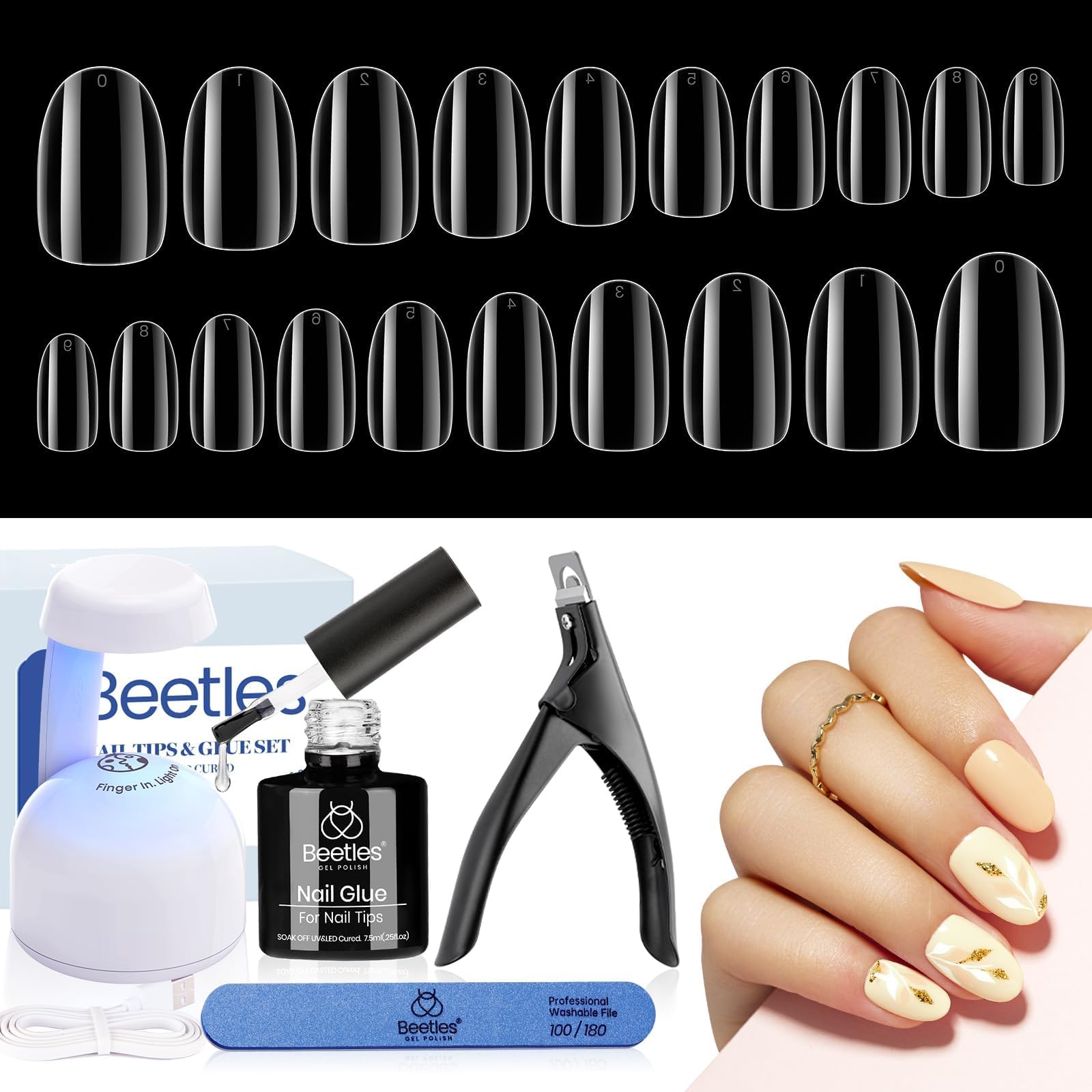 Beetles Nail Tips 240 Pcs Short Oval Kit – pre-shaped tips for faster DIY extensions.