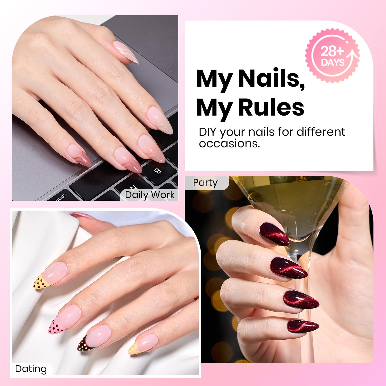 Beetles Nail Tips Almond Curve-EX display shows 16 sizes for precise, comfortable fit.