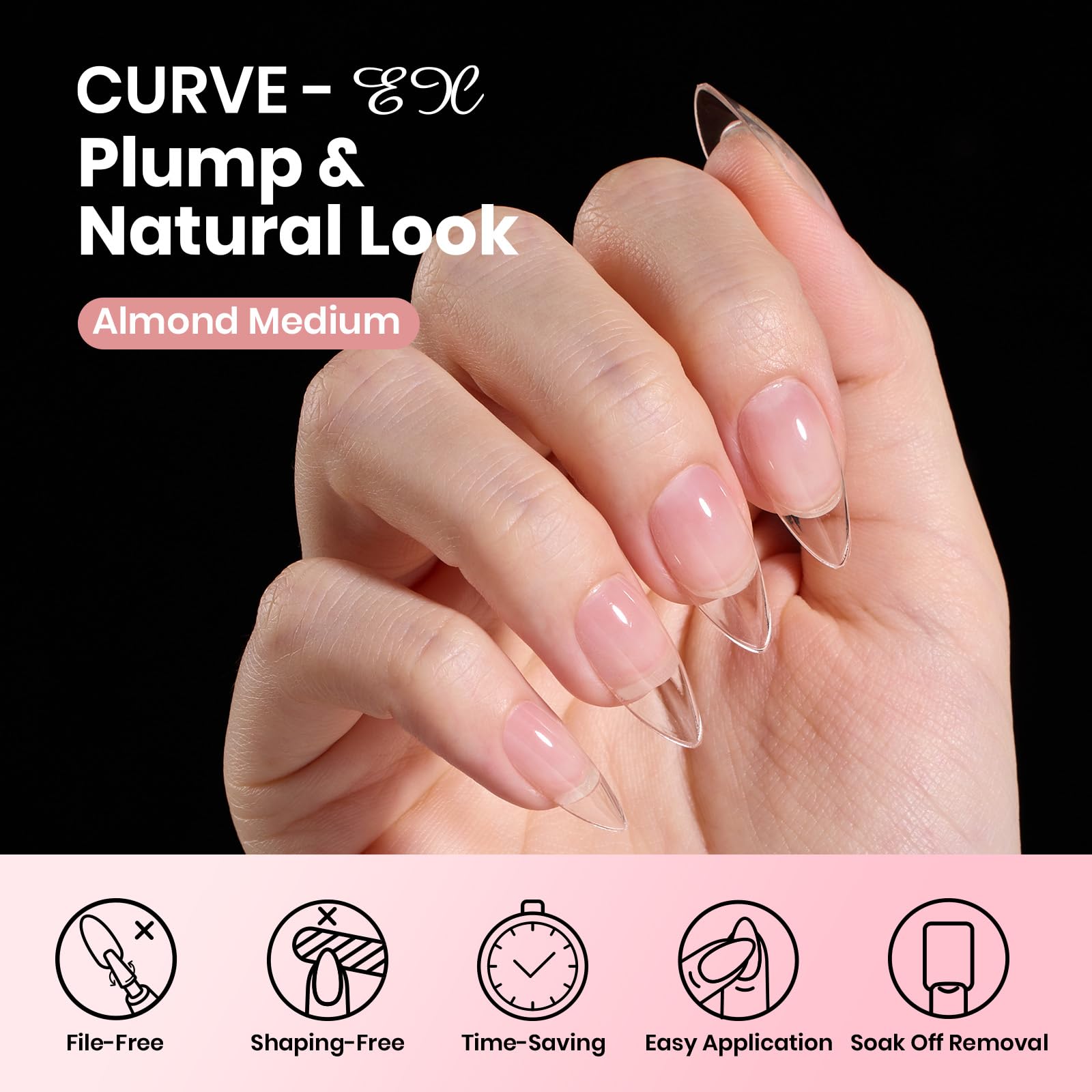 Beetles Curve-EX tips on natural nails demonstration of quick extensions and durable lift-free wear.