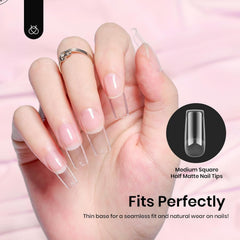 Beetles Half Matte Finish tips provide subtle sheen for durable salon-like nails.