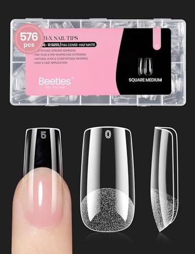 Beetles Nail Tips Medium Square 576Pcs set with varied sizes for precise fit and quick DIY nails.