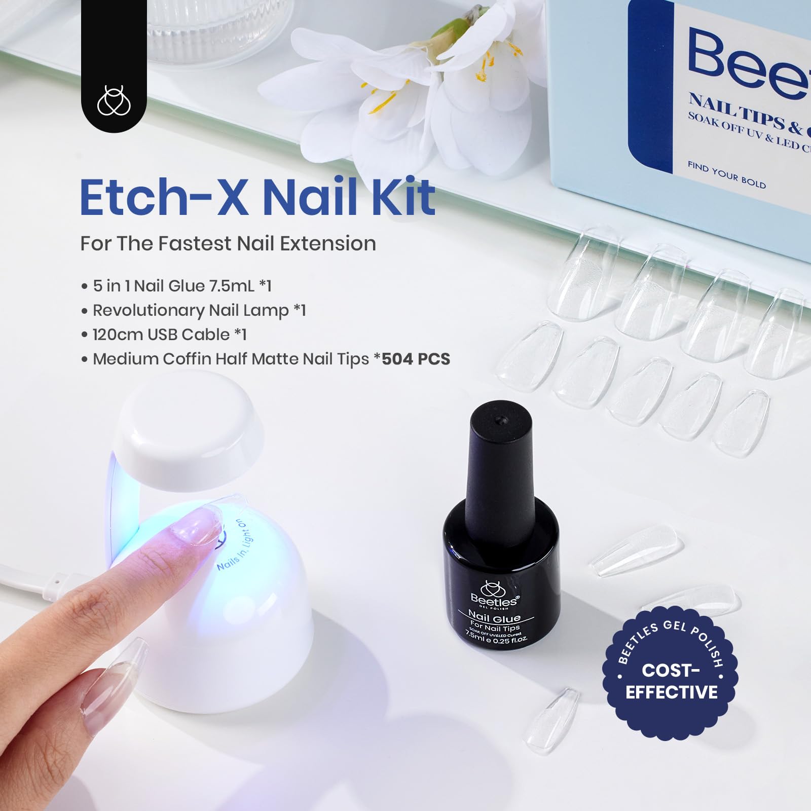 Beetles nail tips pre-filed medium coffin with frosted texture for secure adhesion