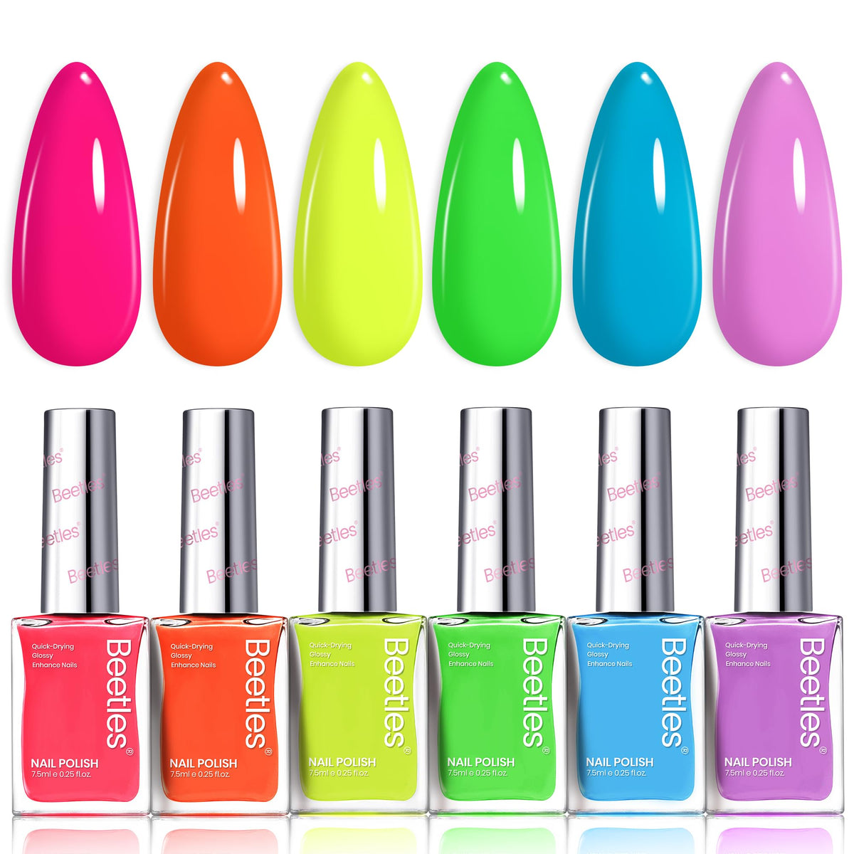 Beetles Neon Nail Polish Set collection palette with six vibrant neon shades for bold styles.