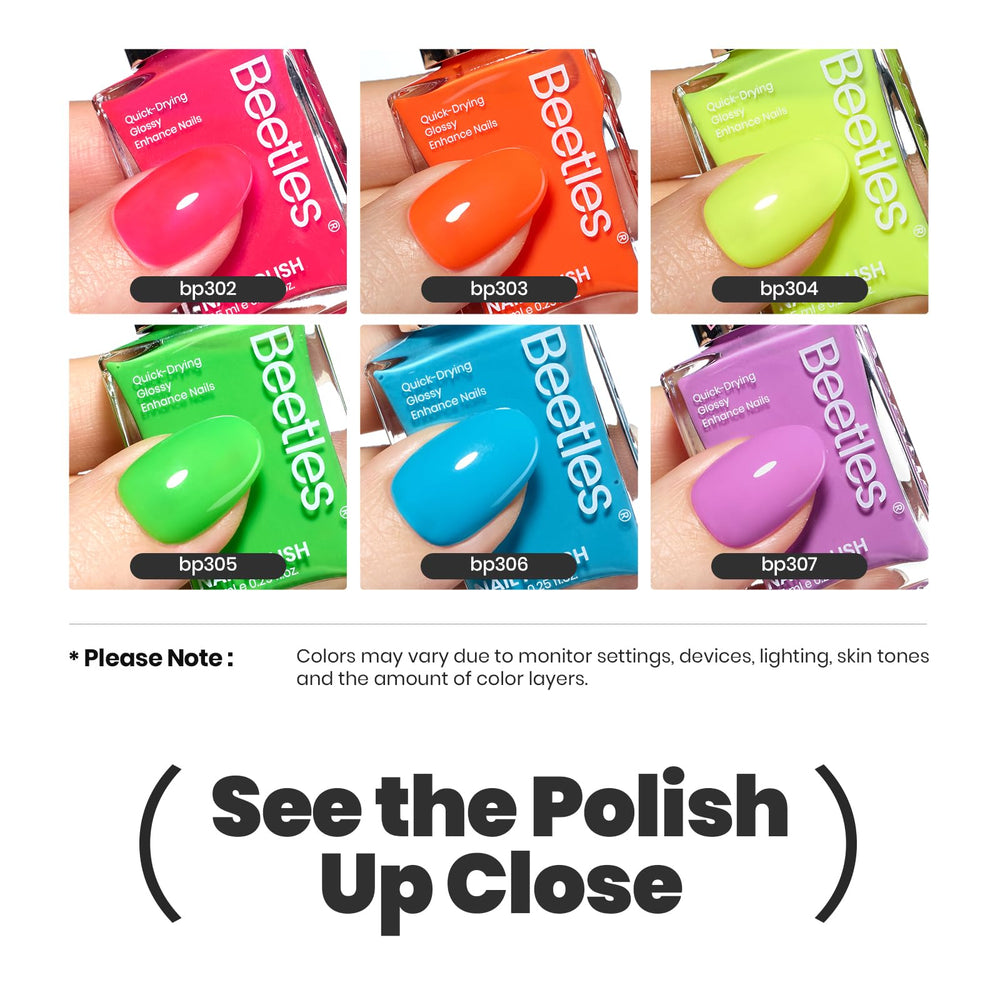 Beetles Neon Nail Polish Set swatch on nail shows two to three coats for shine.