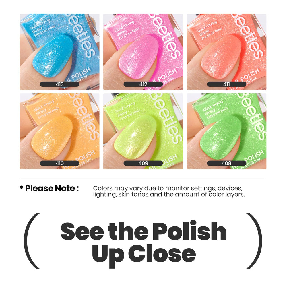 Beetles Neon Nail Polish Set glitter-detail bottle close-up for shimmering manicure.