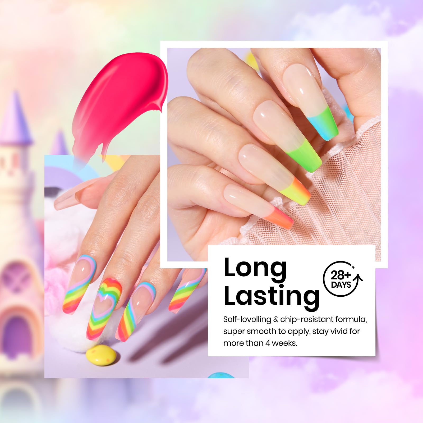 Beetles Neon swatches on nails demonstrate long-lasting color potential