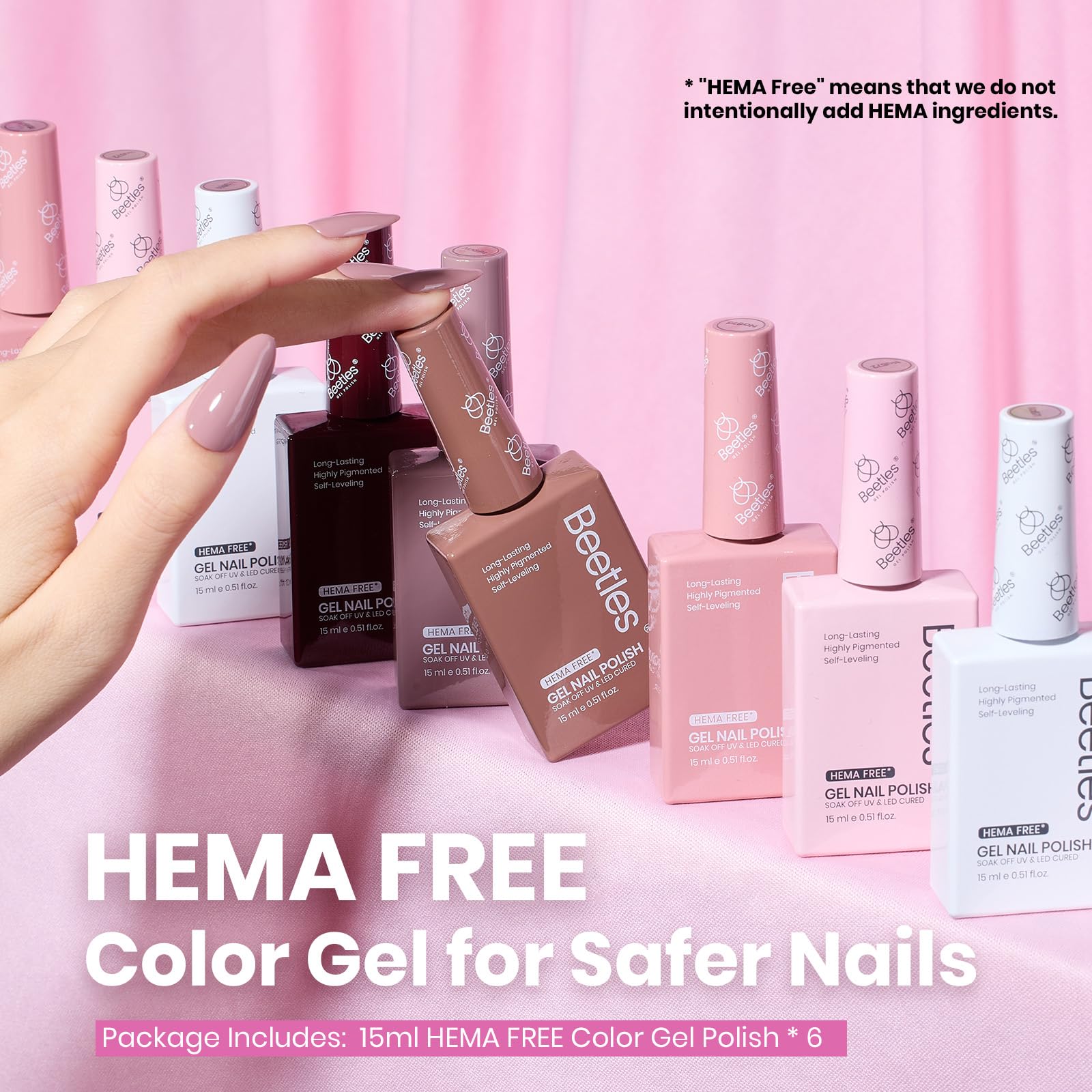 Beetles six-color nude browns bottles aligned for quick shade selection at home
