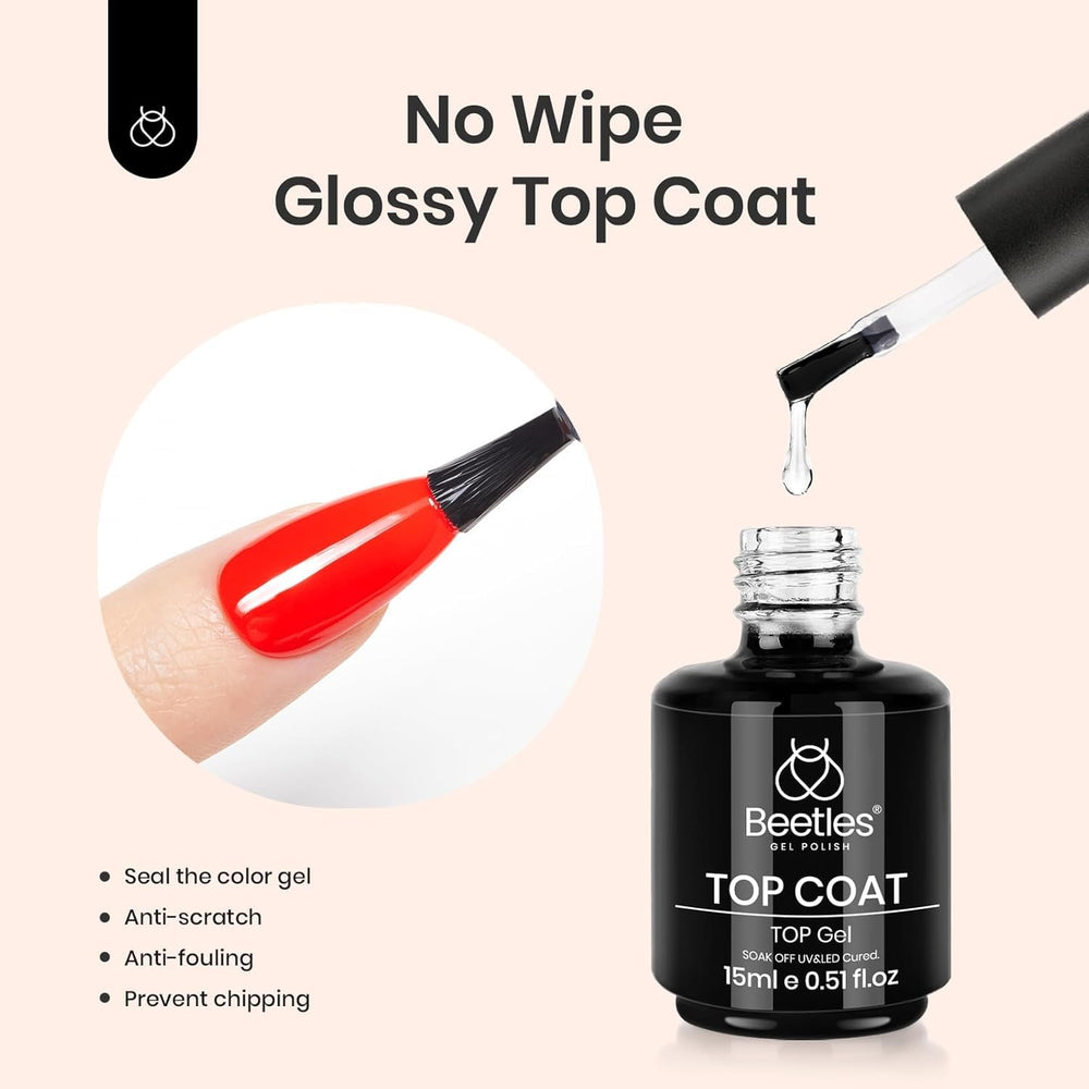 Beetles no wipe top coat 15ml bottle highlighting glossy finish and quick dry
