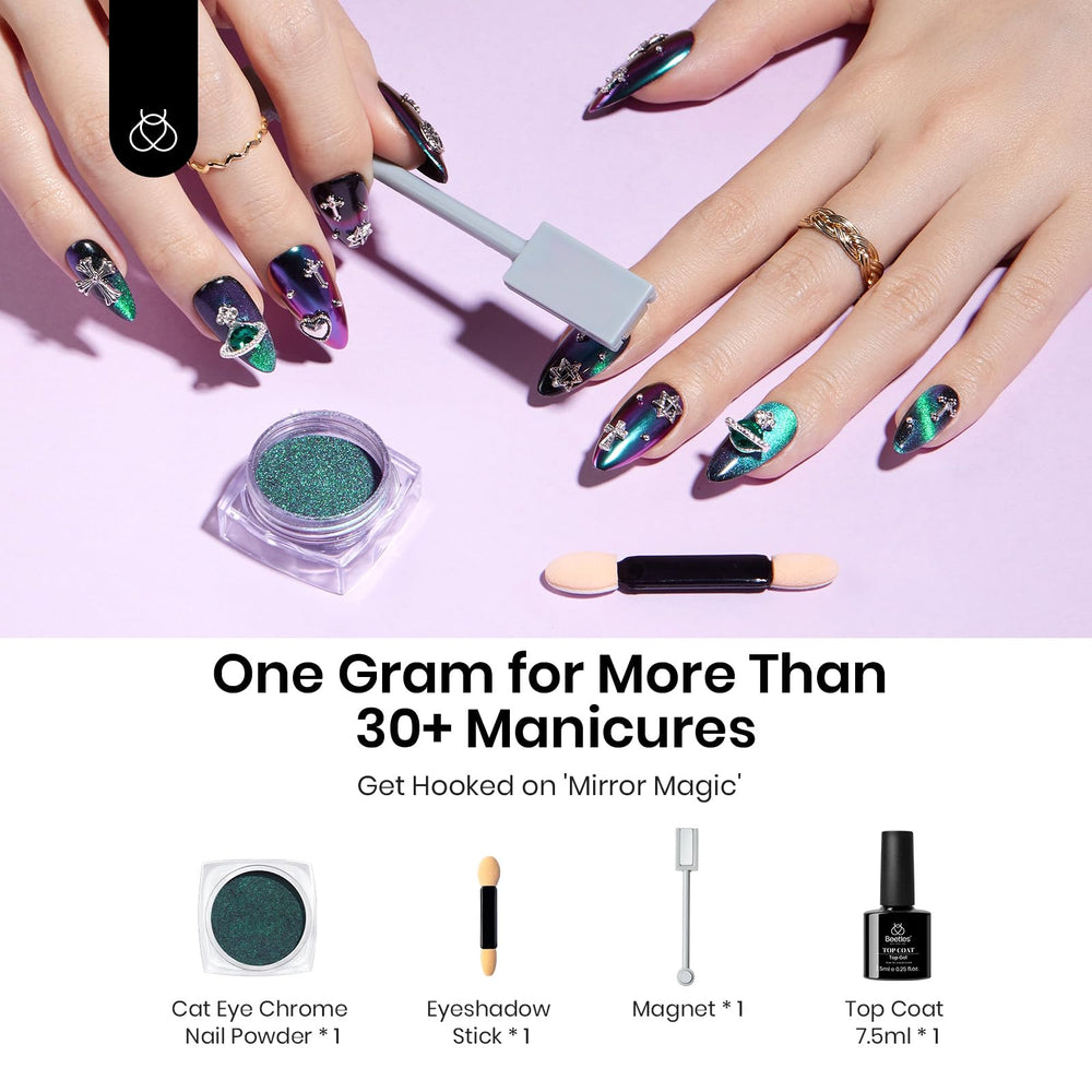 Beetles No-Wipe Top Coat bottle enabling smooth, long-lasting chrome results