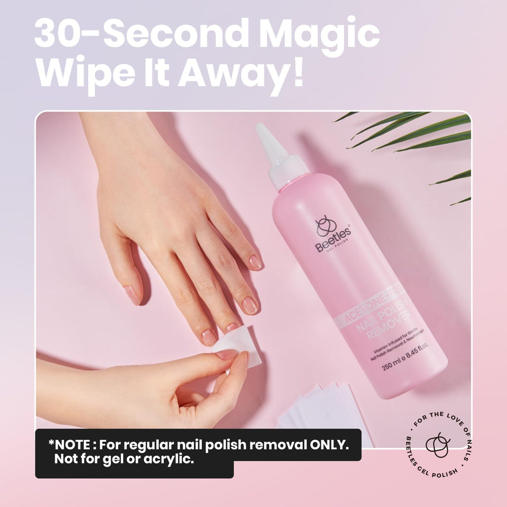 Beetles Non-Acetone Nail Polish Remover contains aloe, glycerin, and keratin for gentle care.