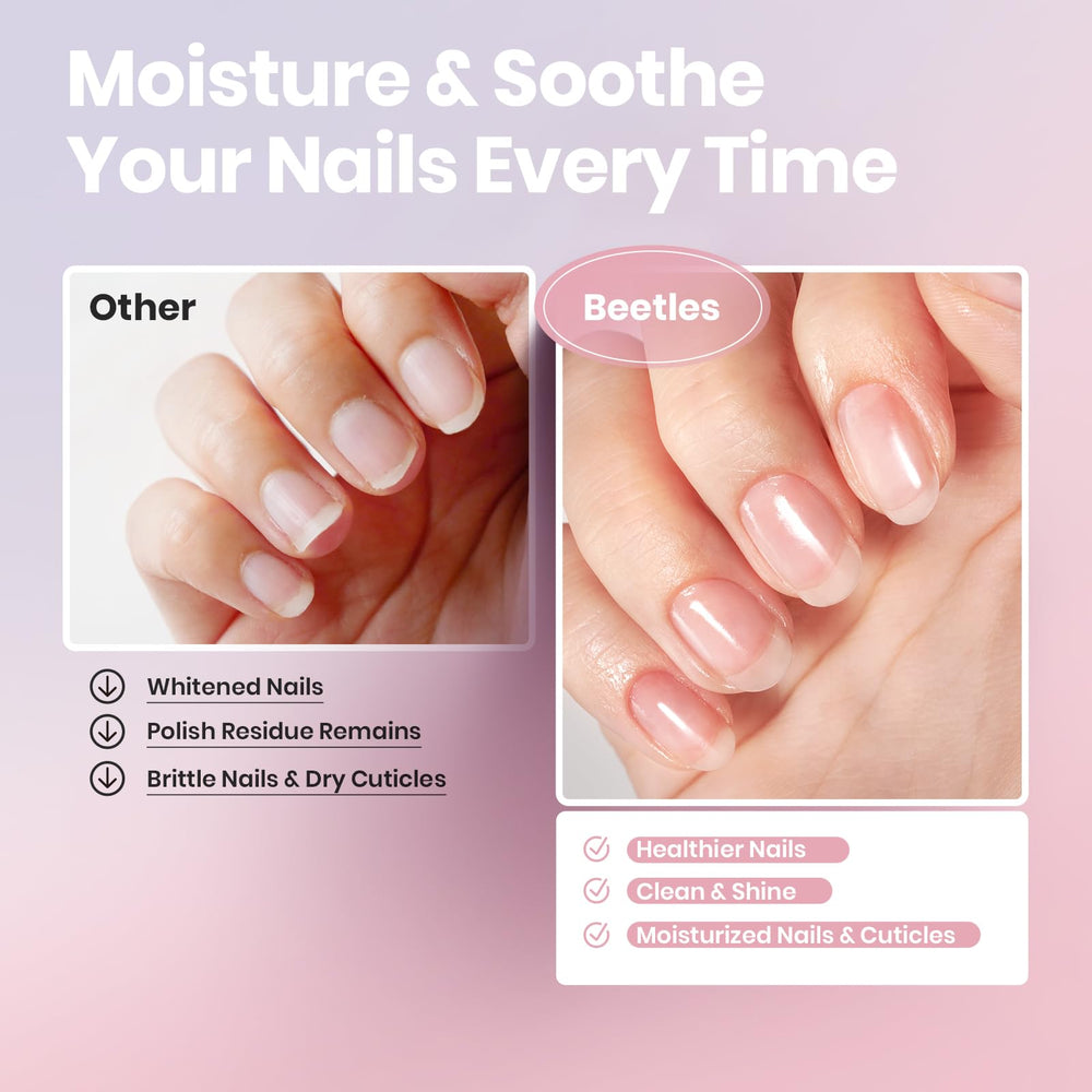 Beetles Non-Acetone Nail Polish Remover in large-capacity bottle for long sessions.