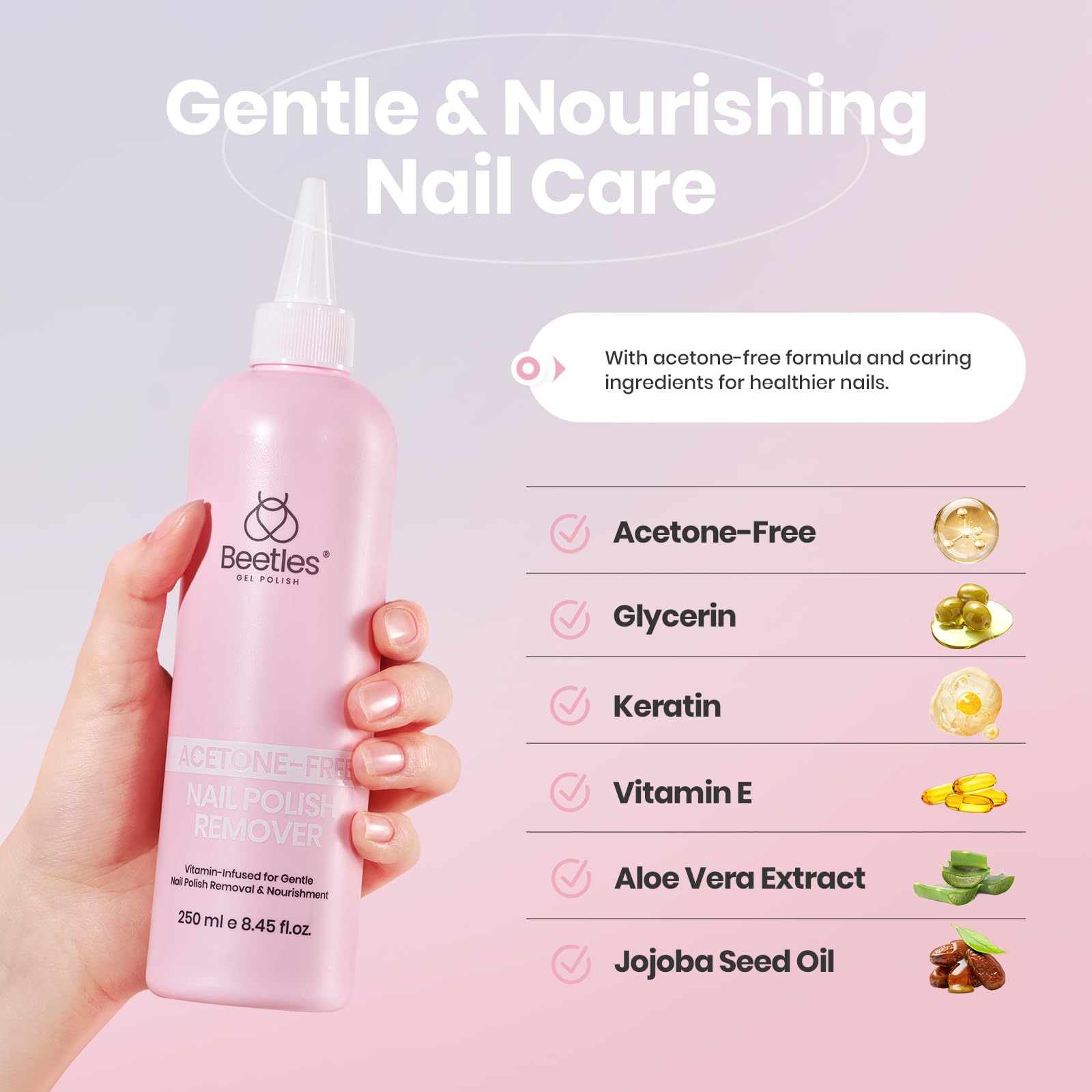 Beetles Non-Acetone Nail Polish Remover with precision nozzle for controlled application.