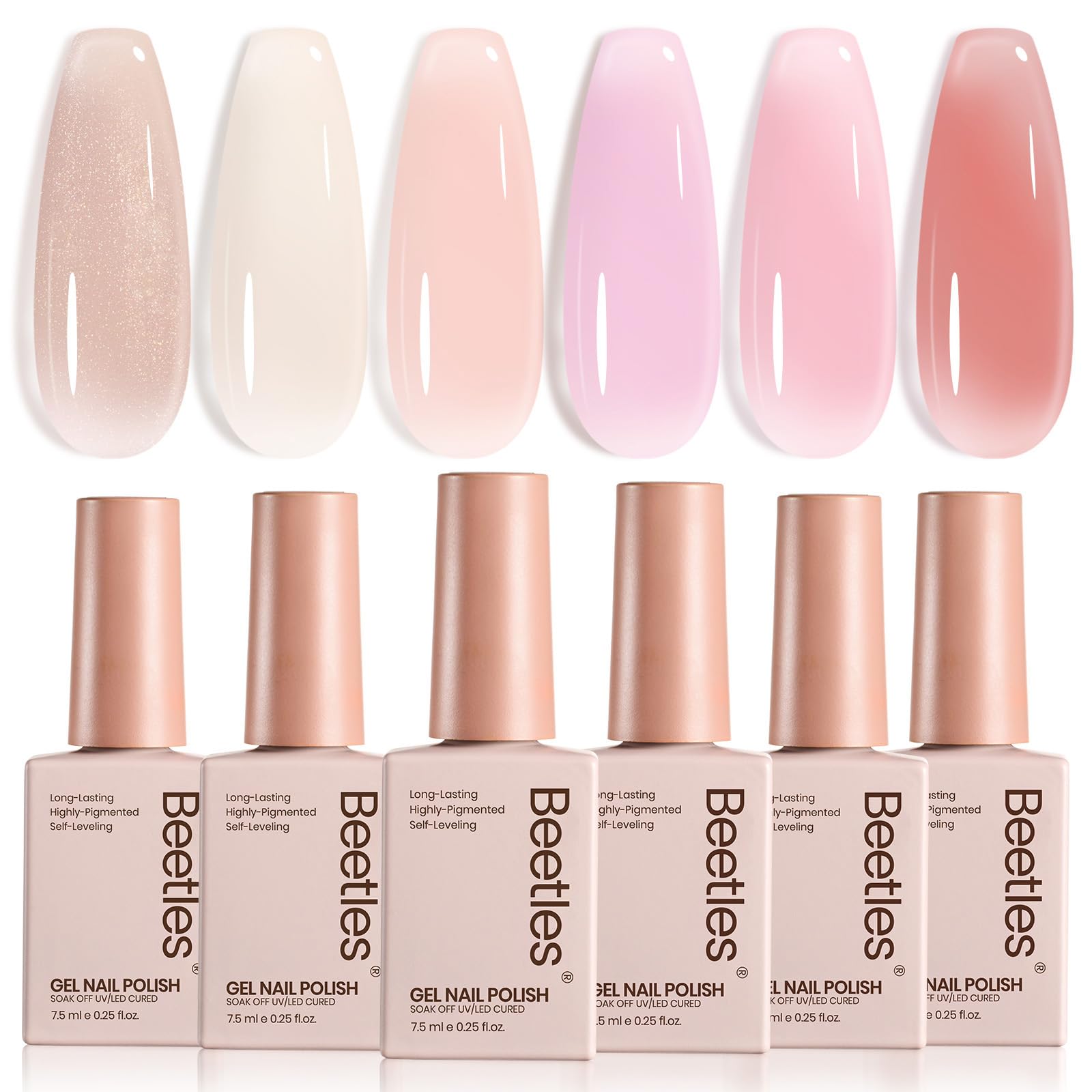 Beetles Nude Gel Polish set swatch in peach jelly shade for buildable color with shine.