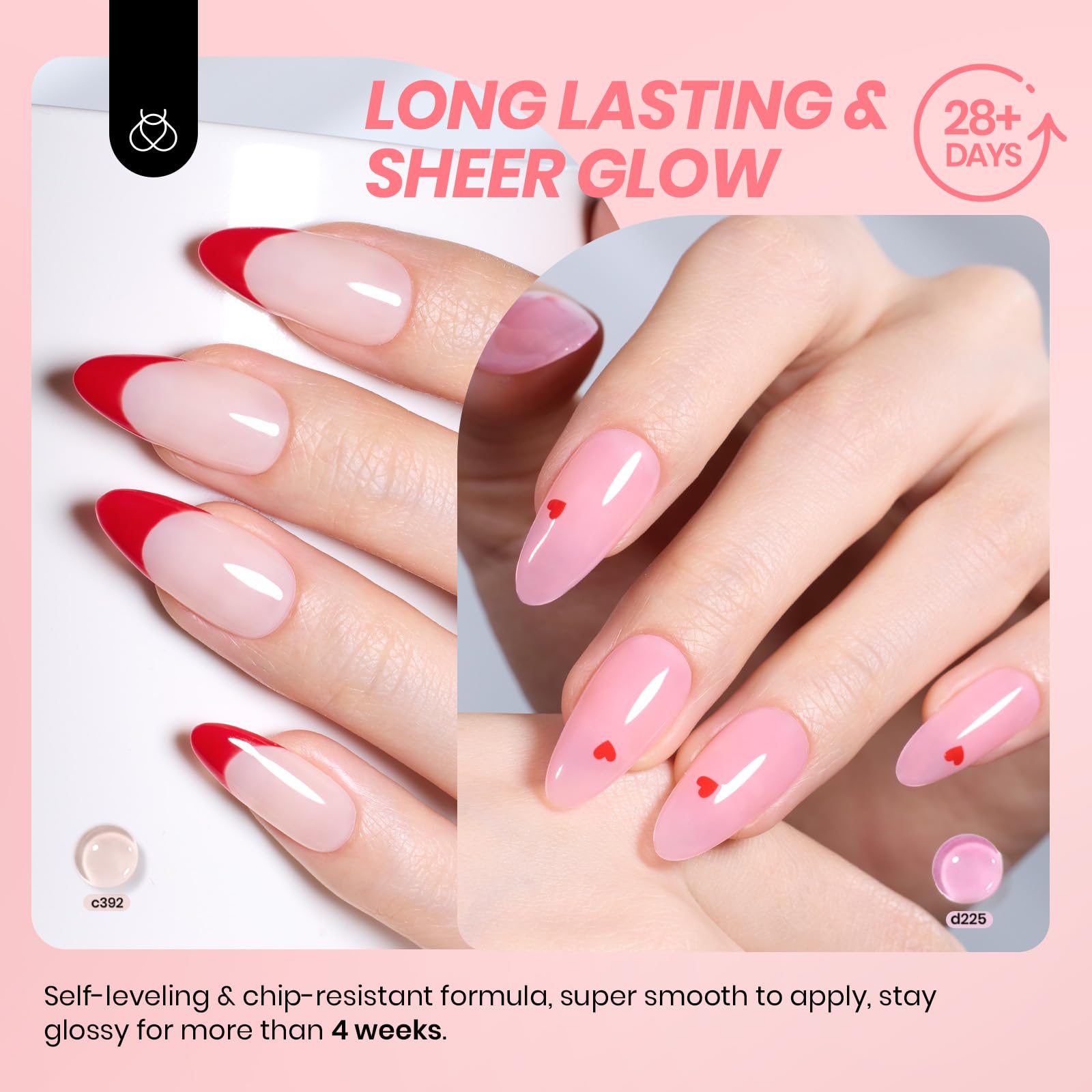 Beetles jelly kit on nails before curing showing warm peach glow.