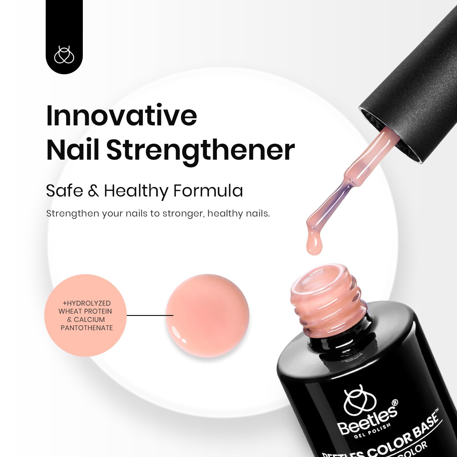 Beetles Nude Base Gel bottle highlights hydrolyzed wheat protein and pantothenate benefits