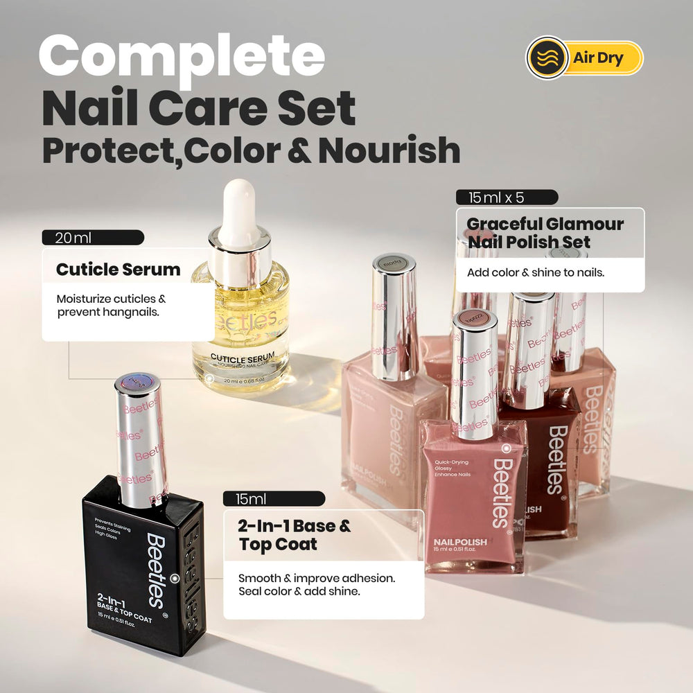 Beetles Nude Nail Polish Set 7Pcs 2-in-1 base top coat demonstrates durable, easy-to-apply finish.