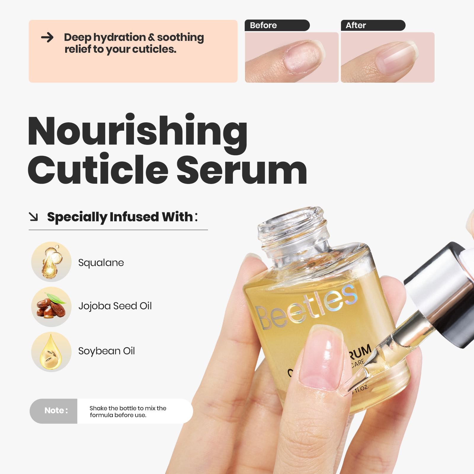 Beetles Nude Nail Polish Set 7Pcs cuticle serum application highlights hydrating care.