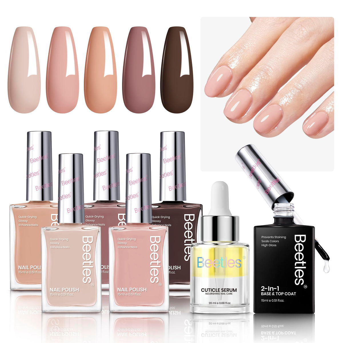 Beetles Nude Nail Polish Set packaging showcases an all-in-one care kit, ideal gift-ready presentation.