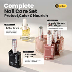 Beetles Nude Nail Polish Set swatches reveal neutral beige and brown tones for versatile looks.