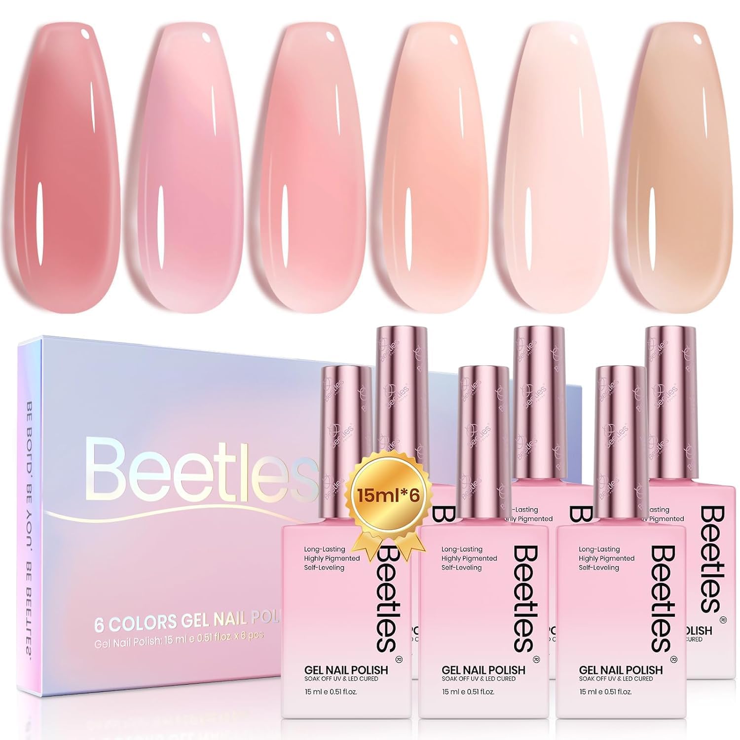 Beetles Nude Pink Gel Nail Polish Set closeup of six shades for elegant nails