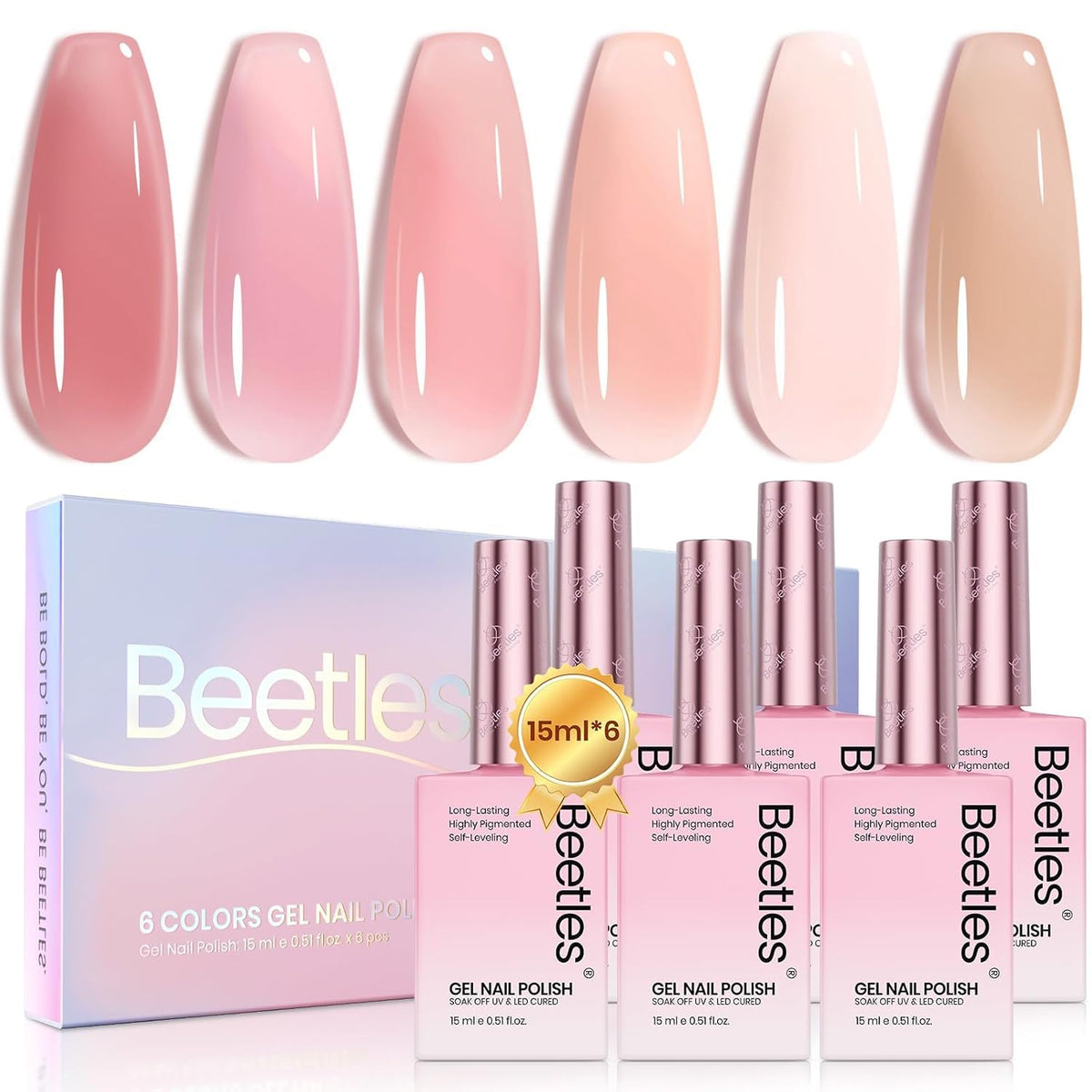 Beetles Nude Pink Gel Nail Polish Set closeup of six shades for elegant nails